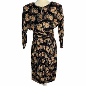 Vintage 80s Floral Midi Dress S Black Cottage Core